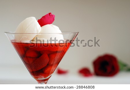 Strawberry compote with vanilla ice cream in Martini Glass.