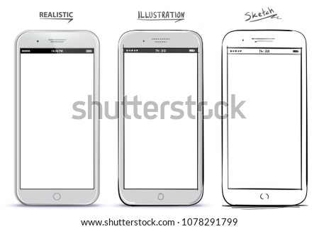 Mobile Phone Vector Drawing With Different Styles. Realistic, Illustration and Sketch alternatives.