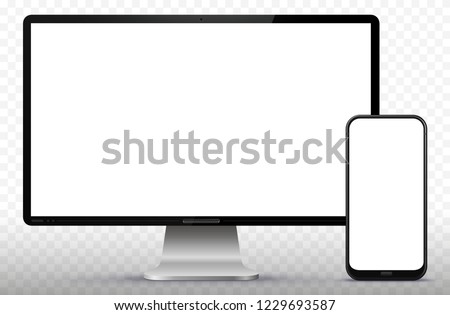 Desktop Computer Screen and Smart Phone Vector Illustration with Transparent Background