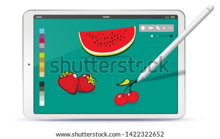Drawing Fruits with Tablet PC and Pen Vector Illustration
