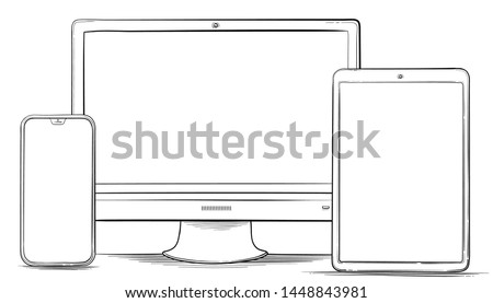 Hand Drawn Mobile Phone, Tablet PC and Computer Monitor Vector Illustration