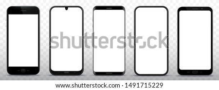 Black Smart Phone Vector Illustration Mockup Set With White Screen and Transparent Background 