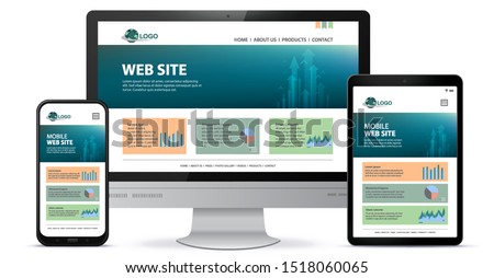 Responsive Website Design With Desktop Computer Screen, Mobile Phone and Tablet PC Vector Illustration.