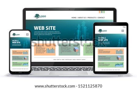 Responsive Website Design With Laptop Computer, Mobile Phone and Tablet PC  Screen Vector Illustration.