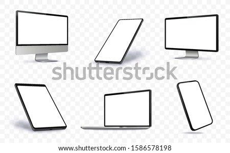 Computer Screen, Laptop, Tablet PC and Mobile Phone Vector illustration With Perspective Views.  Blank Screen Devices on Transparent Background.