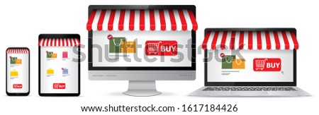 Online Shopping on Mobile Phone, Tablet Pc, Computer Monitor and Laptop Screen. E-Commerce and Digital Marketing Concept Vector Illustration. 