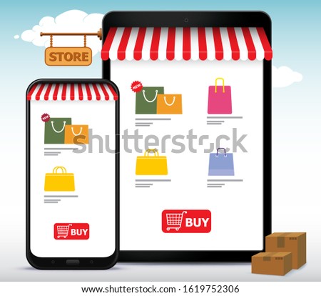 Online Shopping Store on Mobile Phone and Tablet Computer Vector Illustration. E-Commerce and Digital Marketing Concept.