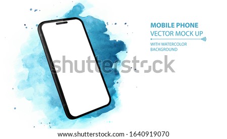 Mobile Phone Vector Mockup With Perspective View. Black Smartphone Isolated on Blue Watercolor Background. 