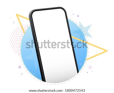 Mobile Phone Vector Mockup With Geometric Abstract Background. Frameless Black Smartphone Perspective View.