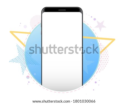 Mobile Phone Vector Mockup With Geometric Abstract Background. Frameless Black Smartphone Front View.
