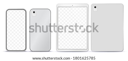 Silver Mobile Phone and Tablet Computer Mockup With Front and Back Side View. 