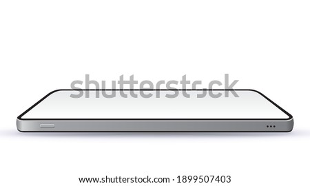 Realistic Black Mobile Phone Vector Mockup With Horizontal Perspective View. Widescreen frameless smartphone isolated on white background.