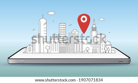 Smart City and Mobile Navigation Concept Vector Illustration. Line art style city drawing lay down on smartphone with pin map icon.