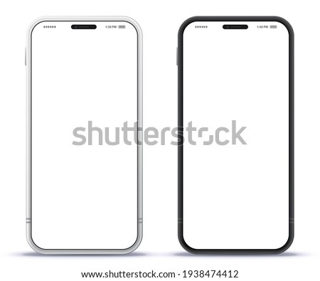 Mobile Phone Black and Silver Colored Design Concept. Vector Smartphone Mockup With Frameless White Screen. Isolated on Transparent Background. 