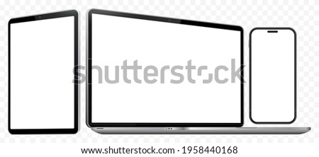 Laptop Computer, Mobile Phone and Tablet PC Mockup. Digital devices screen template vector illustration with transparent background.