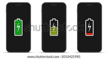 Mobile Phone Screen With Full, Mid and Low Battery Charge Indicator Icons Vector Illustration.