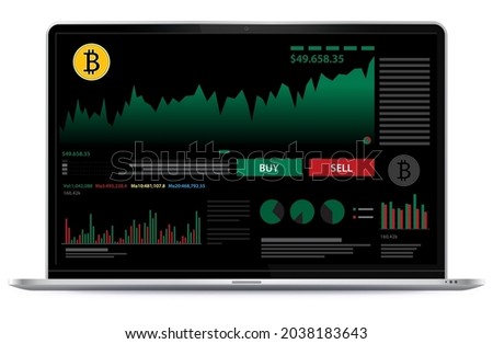 Laptop Computer With Crypto Currency Trading and Finance Screen. UI design template for dark theme background.
