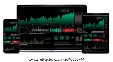 Mobile Phone, Tablet PC and Laptop Computer With Stock Market Trading Graph and Finance Screen. UI design template for black theme background.