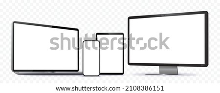 Mobile Phone, Tablet PC, Computer Monitor and Laptop Vector Mockup Set With Transparent Background