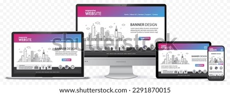 Responsive Website Design With Computer Monitor, Laptop, Tablet PC and Mobile Phone Screen. Vector Illustration Set With Transparent Background.