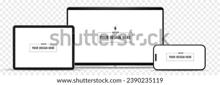 Laptop Computer, Mobile Phone and Tablet PC Vector Mockup Illustration. Digital devices with horizontal screens isolated on transparent background.