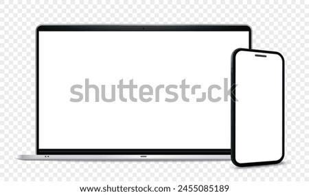 Laptop Computer and Mobile Phone Mockup. Digital devices screen template vector illustration with transparent background.