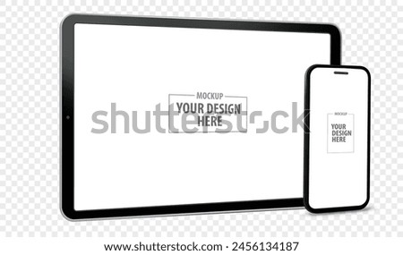 Tablet Computer and Mobile Phone Screen Perspective View Mockup. Digital devices template vector illustration with transparent background.