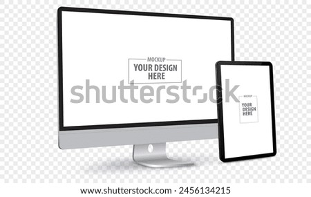 Desktop Computer and Tablet PC Screen Perspective View Mockup. Digital devices template vector illustration with transparent background.