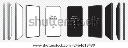 Mobile Phone Vector Mockup With Perspective Views. Black and white smartphone screens isolated on transparent background.