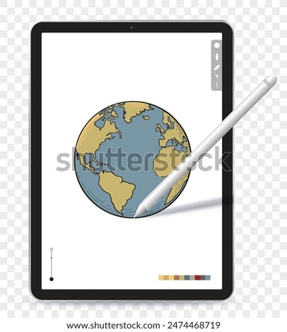 Digital Drawing with Tablet Computer and Pen. Hand drawn earth globe vector illustration on tablet pc with transparent background.