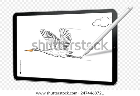 Digital Drawing with Tablet Computer and Pen. Hand drawn stork vector illustration on tablet pc with transparent background.