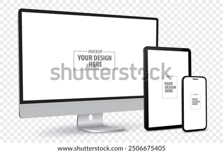 Desktop Computer, Tablet PC and Mobile Phone Screen Perspective View Mockup. Digital devices template vector illustration with transparent background.