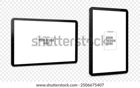 Tablet Computer Vector Mockup Illustration with Horizontal and Vertical Perspective View. Tablet PC Screens Isolated on Transparent Background.