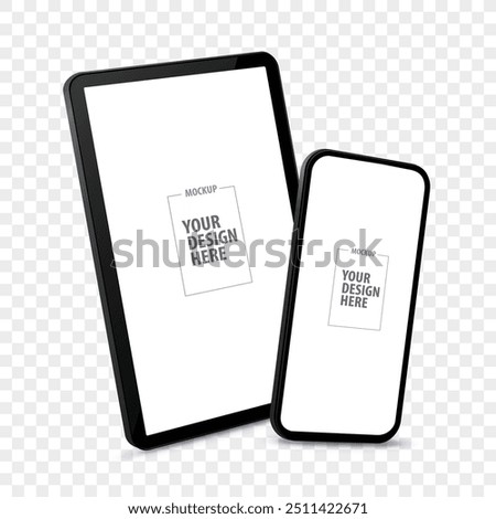 Tablet Computer and Mobile Phone Vector Mockup With Perspective View. Blank screen digital devices isolated on transparent background.