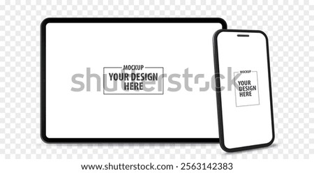 Horizontal Tablet Computer and Vertical Mobile Phone Vector Mockup With Perspective View. Blank screen digital devices isolated on transparent background.