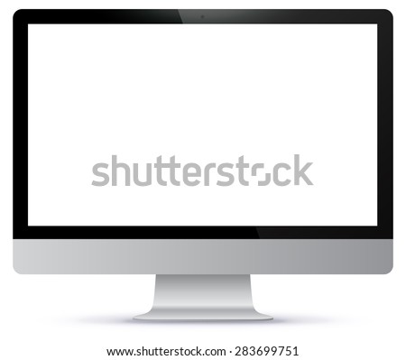 Computer monitor vector mockup with white blank screen. Realistic desktop PC display illustration isolated on white background. 