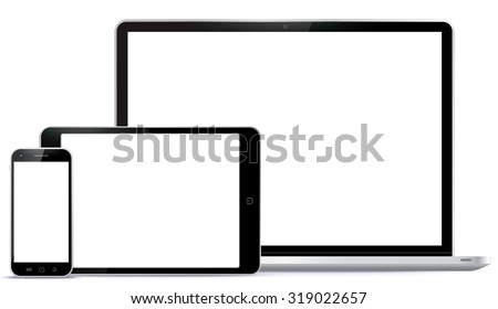 Laptop Computer, Tablet PC, Mobile Phone Vector illustration Mockup.Digital devices screen vector illustration template isoated on white background.