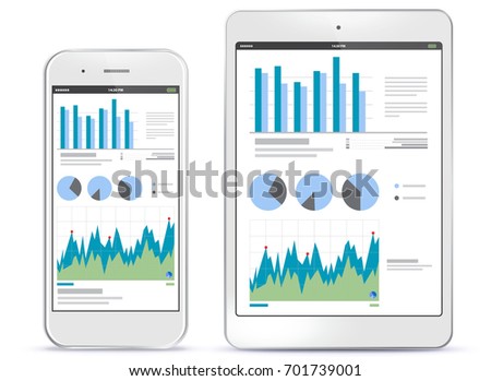 Mobile Phone and Tablet Computer Screens With Financial Charts and Graphs