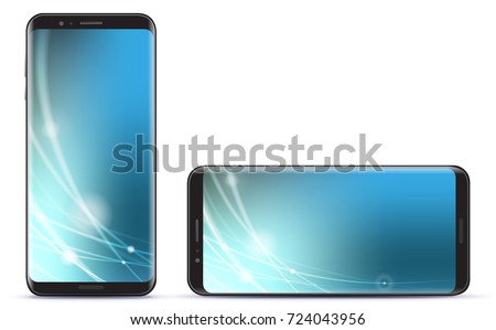 Vertical and Horizontal Smart Phone Vector Illustration With Blue Technology Screen.