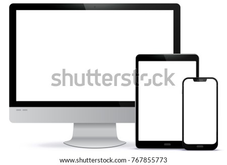 Computer Screen, Tablet PC, Smart Phone Vector illustration.