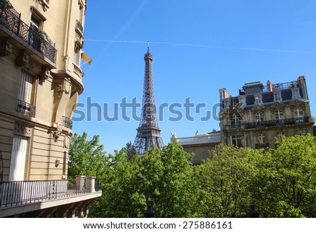 View of the Eiffel Tower in the streets of Paris.