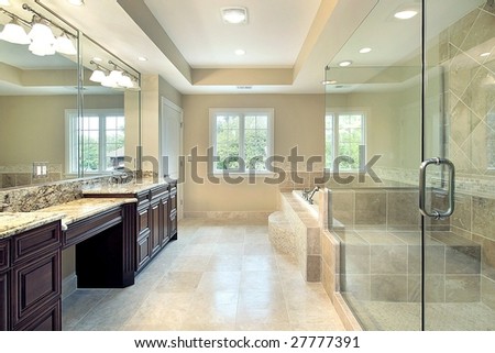 Master bath in new construction home with glass shower