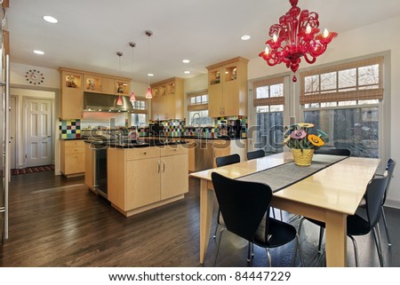 Kitchen with oak cabinetry and colored tile backsplash