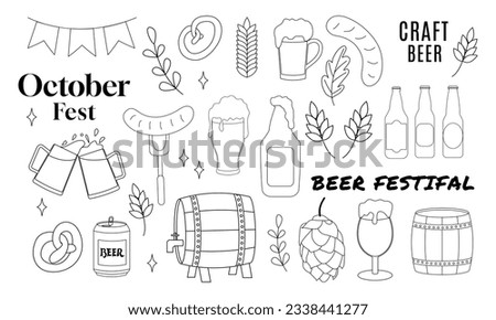 Beer Set hand-drawn Outline Doodles Vector Illustration with lettering. Sketchy beer pub elements collection for Octoberfest glass, mug, hop, beer tap, snacks.