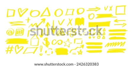 Hand-drawn shapes and lines - real highlighters. Yellow Vector set isolated on white background. Use for note, illustrations and decorations texts, articles