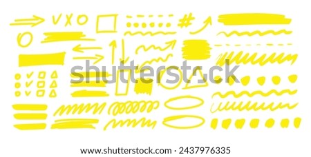 Hand-drawn shapes and lines - highlighters. Yellow Vector set. Use for note, illustrations and decorations texts, articles, slideshow.