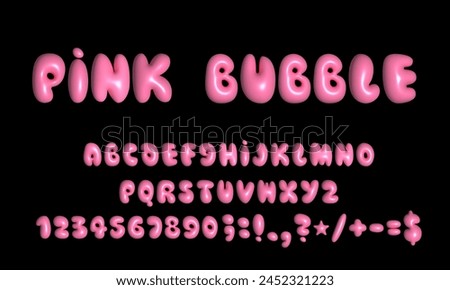 Pink bubble font. Inflated alphabet 3D ballon letters and numbers. Vector set. Vector illustration