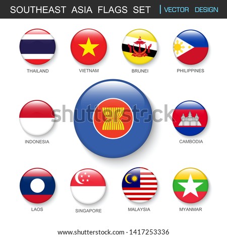 Southeast Asia flags  set and members in botton stlye,vector design element illustration
