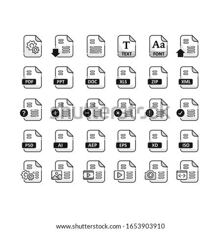 Files format icons set with flat Design ,png,jpg,gif,tif,Raw,Ai,psd,eps,mp3,mp4,mov,avi,zip,ppt,doc,xls,pdf,iso,text,exe,font , vector design element illustration