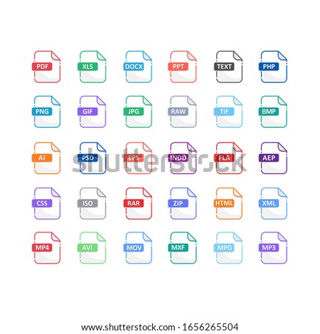 files Format icons set  with flat design  big pack of Document, Sysytem, offices, media, audio, graphic, video and  Programming files type . vector design element illustration